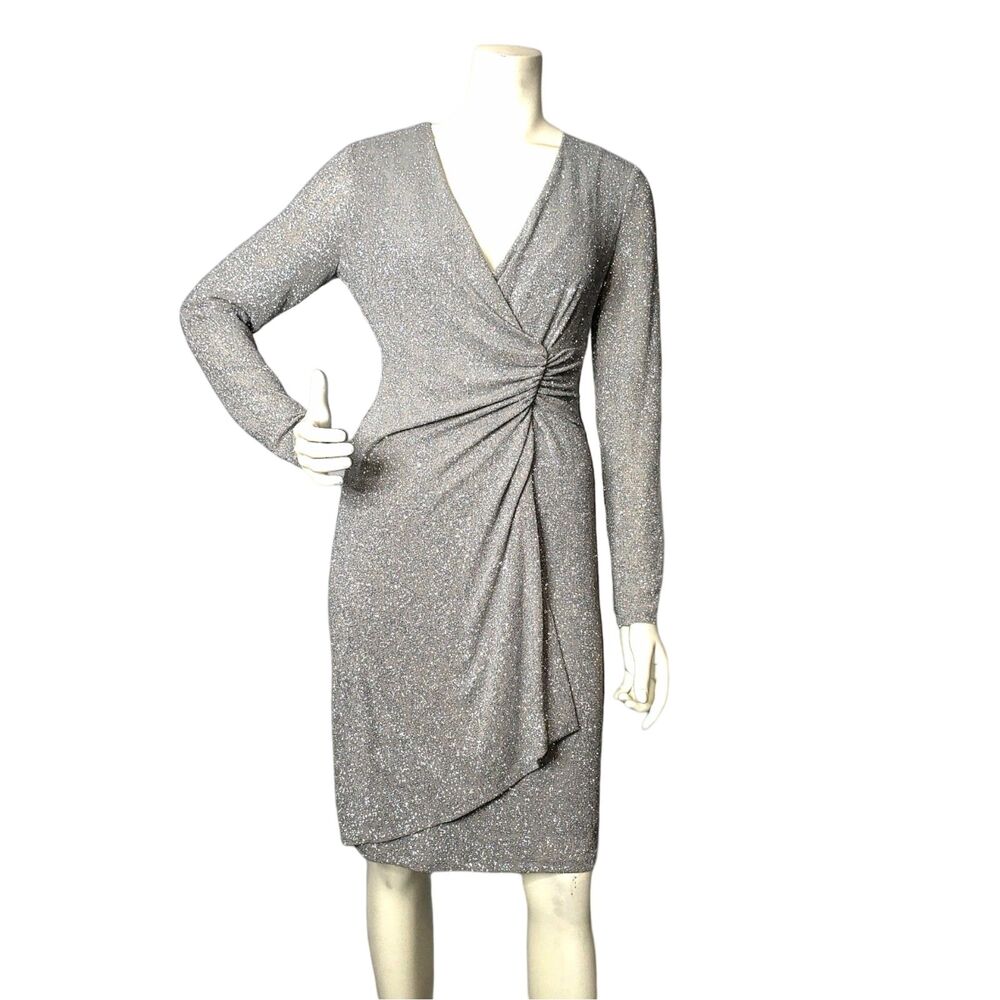 Calvin Klein Silver Glitter Wrap Dress Womens Size 6 NEW